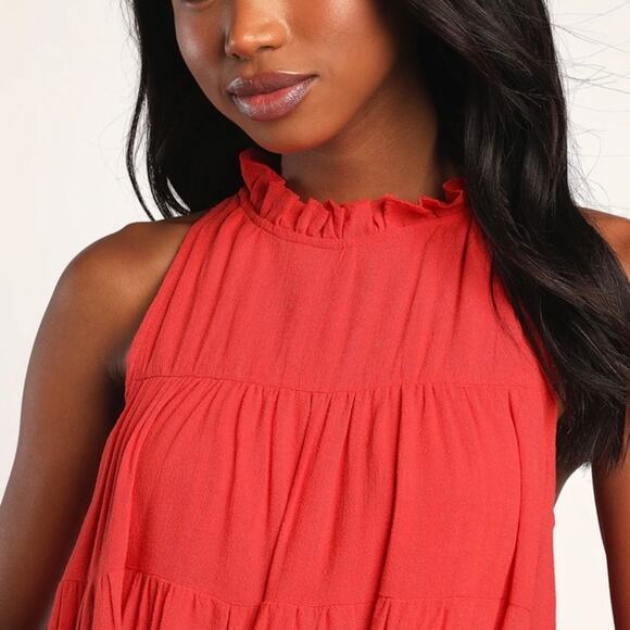 Lulus Tier for It Red Tiered Ruffled Tie-Back Mini Dress size XL - Picture 3 of 12